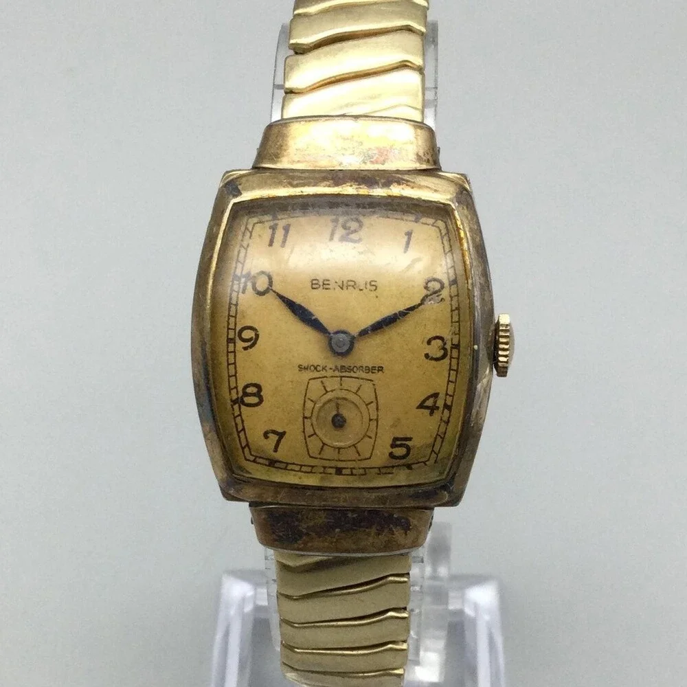 Vintage Benrus Mens Watch 25mm Gold Tonneau Dial Manual Wind Shock Absorber